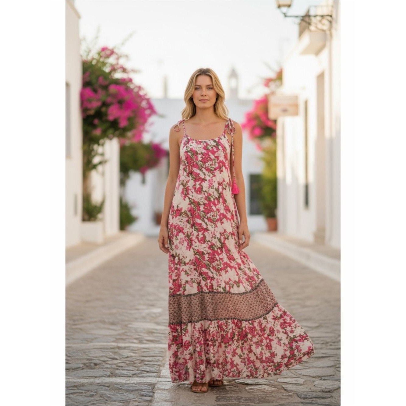Miss June Boho Pink Floral Embroidered Embellished Tie Strap Flowy Maxi Dress